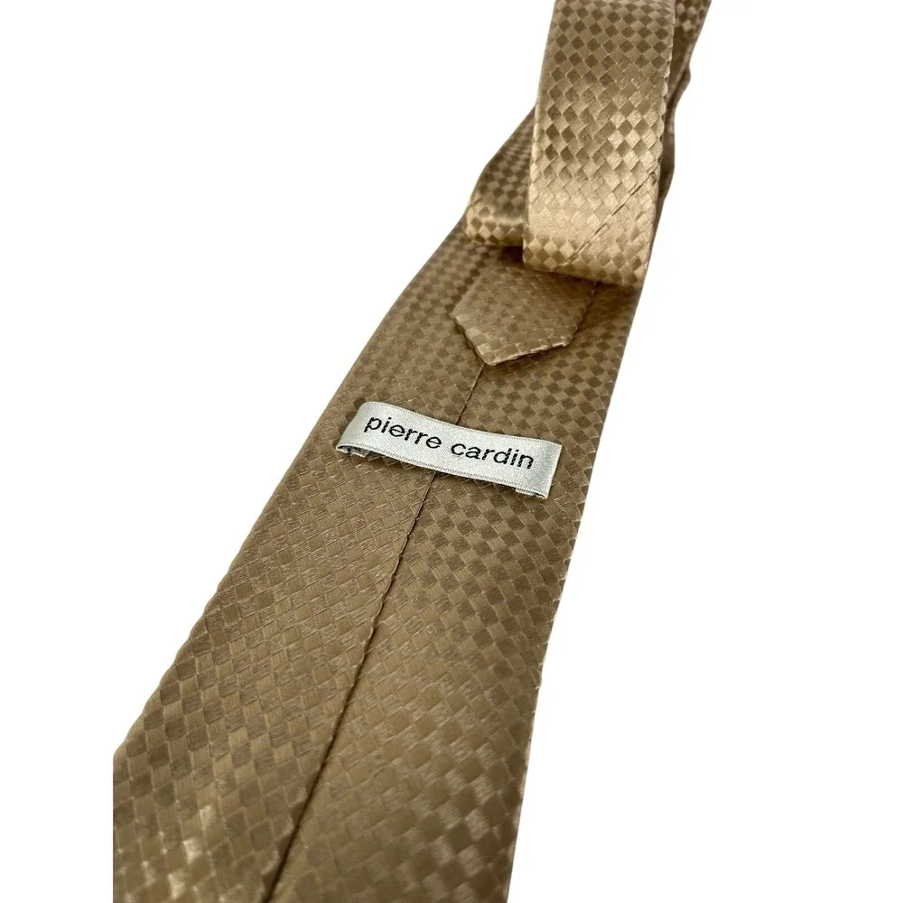 Pierre Cardin Mens Gold Champagne Checkerboard‎ Woven Formal Silk Necktie Tie
